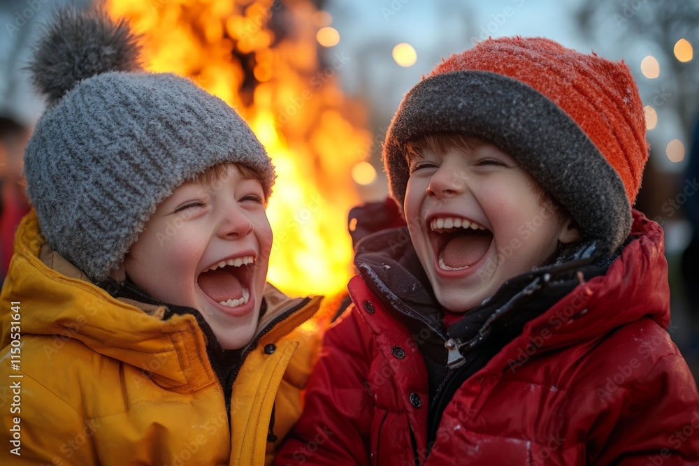Two children joyfully laughing in front of a warm bonfire during a winter celebration at dusk Two children joyfully laughing in front of a warm bonfire during a winter celebration at dusk