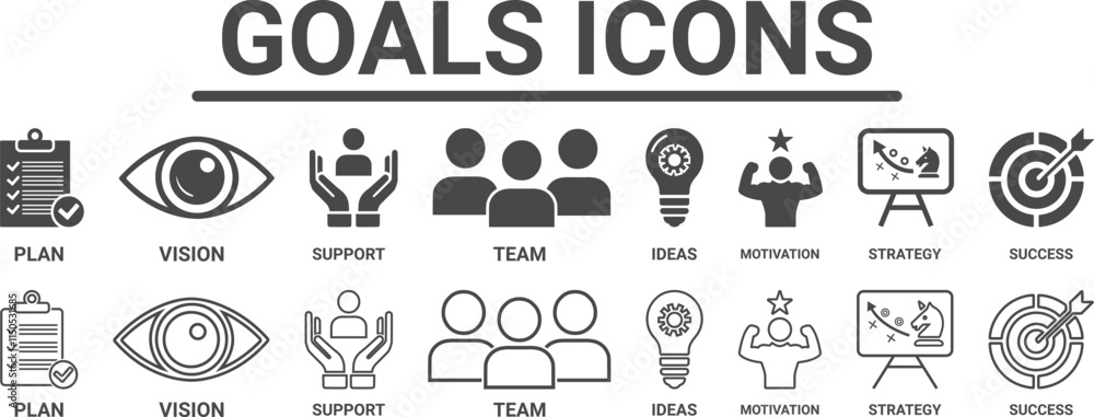 Goals concept icon illustration Icons contain plan, vision, support, team, ideas, motivation, strategy and success. Goals concept icon illustration Icons contain plan, vision, support, team, ideas, motivation, strategy and success.