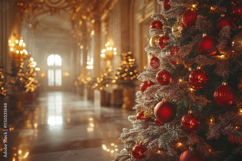 Fototapeta premium Christmas tree with red ornaments on a golden background with bokeh lights, close-up.