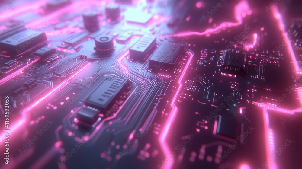 Obraz premium Close-up view of a circuit board with glowing pink lines.