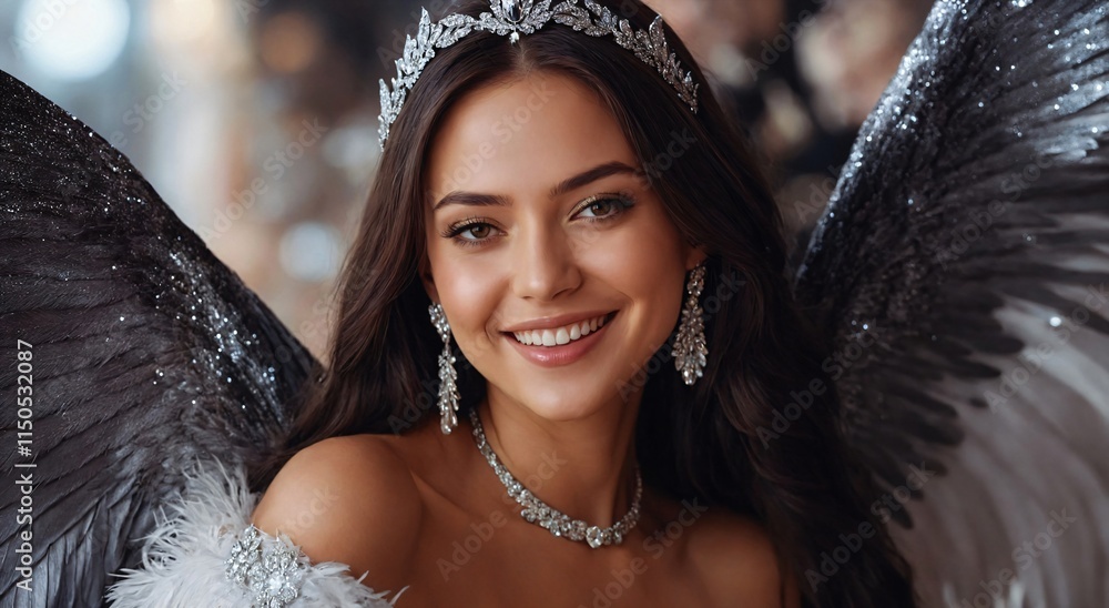 Young female model with a radiant smile and flowing dark hair with large feathered wings.