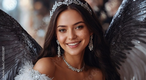Obraz na płótnie Young female model with a radiant smile and flowing dark hair with large feathered wings. w salonie