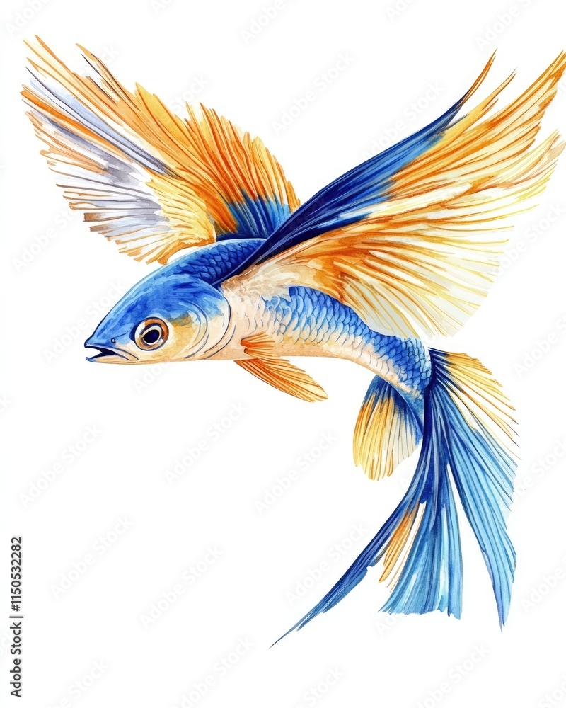 Obraz premium Vibrant Aquatic Creature: Flying Fish in Dynamic Leap on a Clean White Canvas