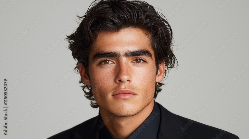 Capturing essence of confidence man refined look poses in studio. His smooth complexion and stylish hairstyle enhance overall presentation and elegance. Capturing essence of confidence man refined look poses in studio. His smooth complexion and stylish hairstyle enhance overall presentation and elegance.
