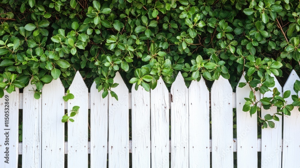 Serene Green Oasis: White Picket Fence Surrounded by Lush Garden Shrubs Serene Green Oasis: White Picket Fence Surrounded by Lush Garden Shrubs