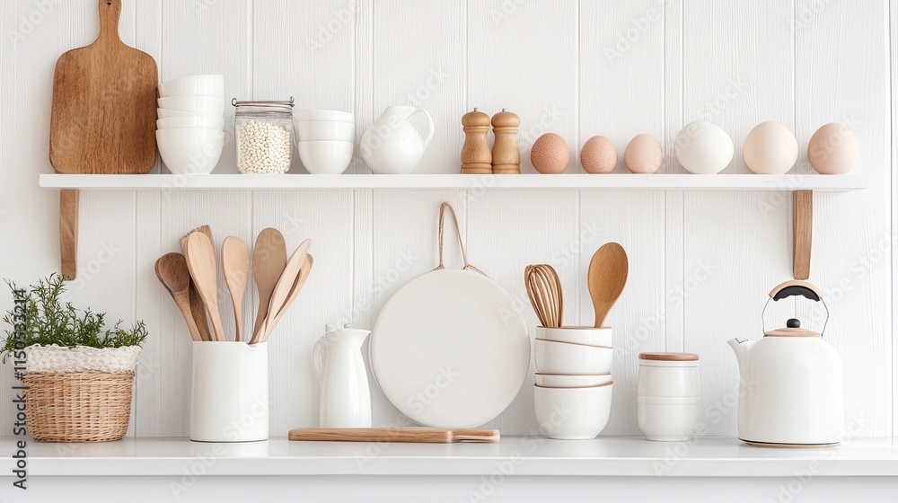 Easter theme kitchenware, utensils and decor on a white shelf or counter. Banner against a white wall background with copy space. Spring home kitchen cooking concept. Easter theme kitchenware, utensils and decor on a white shelf or counter. Banner against a white wall background with copy space. Spring home kitchen cooking concept.
