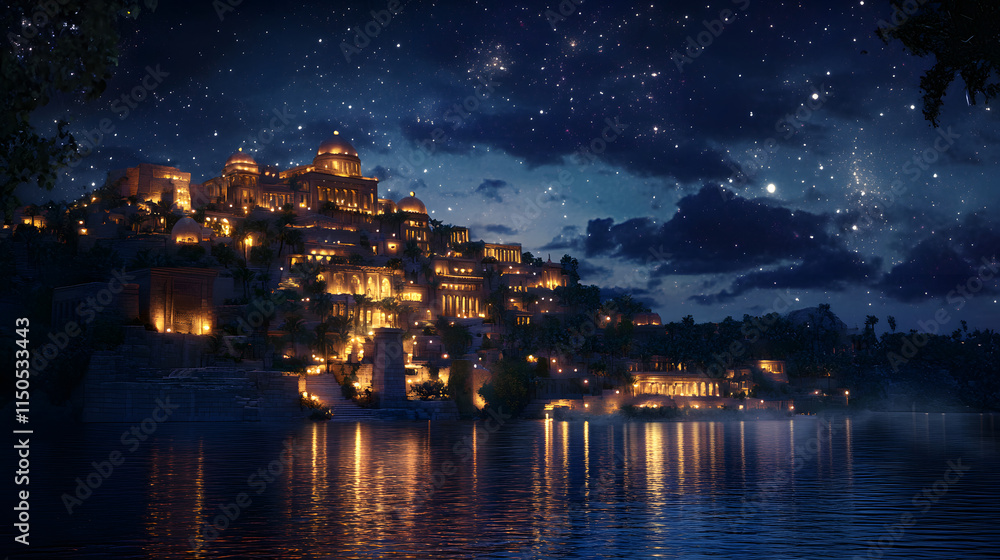 An artistic depiction of the Hanging Gardens of Babylon under a starlit sky illuminated by soft torchlight reflecting off the water. An artistic depiction of the Hanging Gardens of Babylon under a starlit sky illuminated by soft torchlight reflecting off the water.