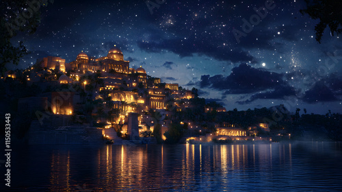 An artistic depiction of the Hanging Gardens of Babylon under a starlit sky illuminated by soft torchlight reflecting off the water.