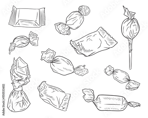 Different chocolate candies in foil packages, whapping paper in black isolated on white background. Hand drawn vector sketch illustration in doodle engraved vintage outline