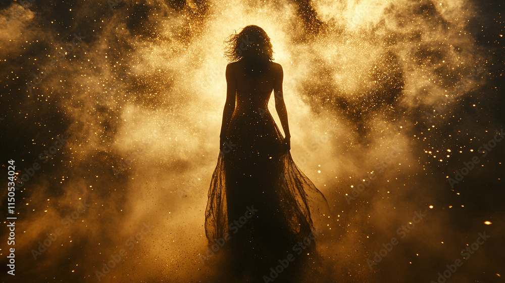 Naklejka premium Piękna tajemnicza kobieta glamour w złotej sukni z brokatem, dym, mgła, zabawa, tło tapeta generative ai