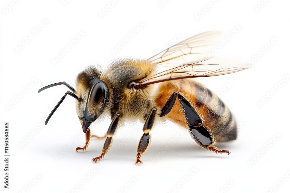 Detailed close-up of a bee showcasing its unique body structure and colors against a plain background Detailed close-up of a bee showcasing its unique body structure and colors against a plain background