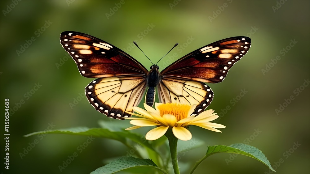 Vibrant Orange and Black Butterfly on Yellow Flower with Greenery Vibrant Orange and Black Butterfly on Yellow Flower with Greenery