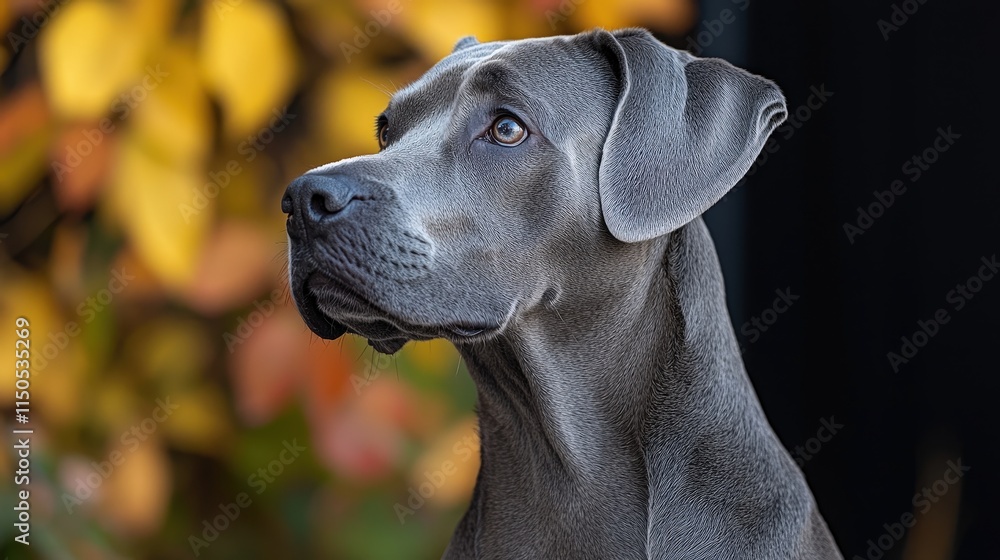 Majestic gray dog against colorful autumn leaves Majestic gray dog against colorful autumn leaves