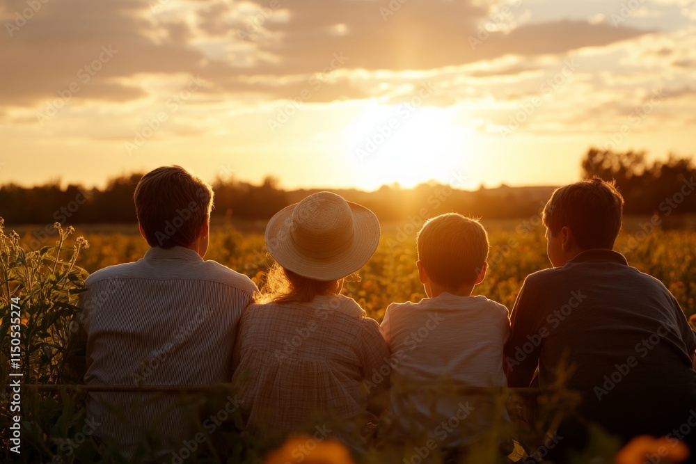 Obraz premium Family enjoying sunset together in a tranquil field during warm summer evening