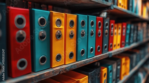 Colorful file folders neatly arranged on wooden shelves. photo