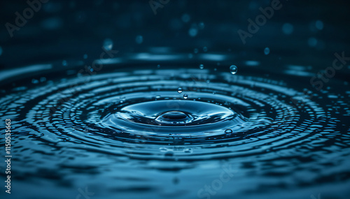 A close-up view of a water droplet creating ripples on a dark blue surface, with a blurred background.