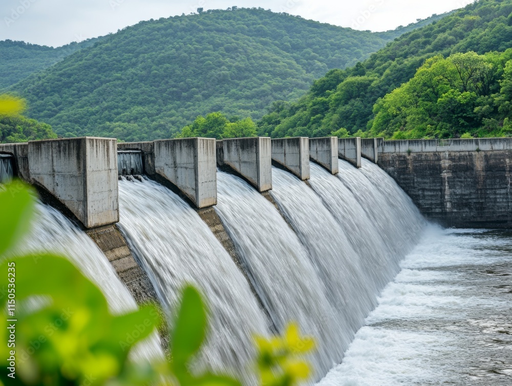 Dam with Waterfall on the River. Hydroelectric dam during Spring runoff, full water. Water rushing out of opened gates of hydro electric power dam. Concrete foothill and wall. Renewable energy systems Dam with Waterfall on the River. Hydroelectric dam during Spring runoff, full water. Water rushing out of opened gates of hydro electric power dam. Concrete foothill and wall. Renewable energy systems