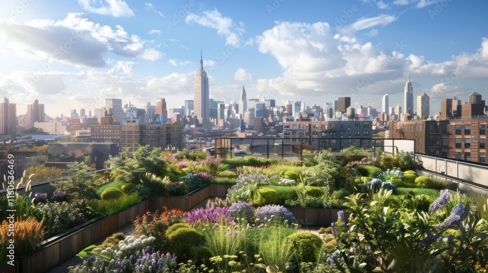 Obraz premium Urban Oasis: Rooftop Garden with Manhattan Skyline