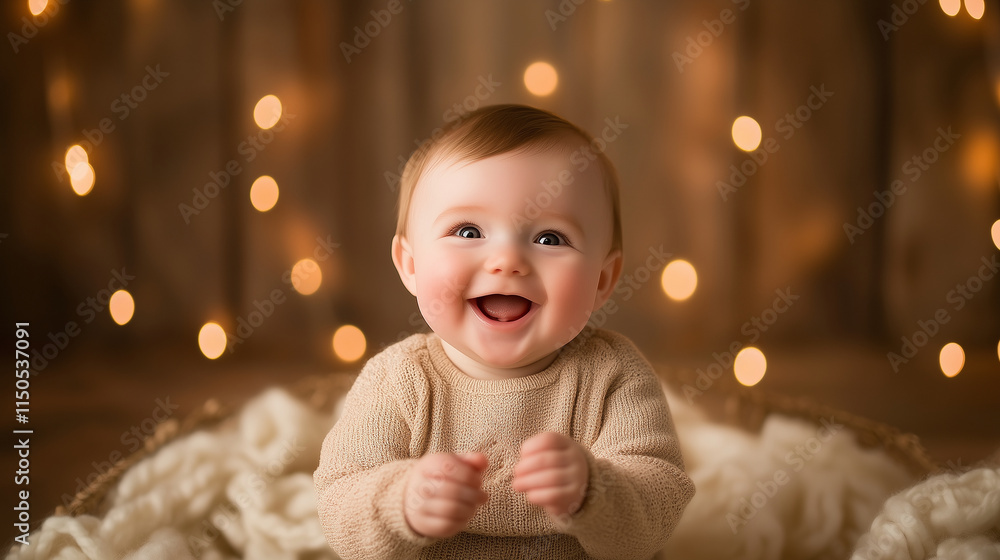 A cheerful baby with a captivating smile and rosy cheeks, sitting in soft natural lighting that highlights their glowing skin and joyful expression. The scene exudes warmth and hap A cheerful baby with a captivating smile and rosy cheeks, sitting in soft natural lighting that highlights their glowing skin and joyful expression. The scene exudes warmth and hap