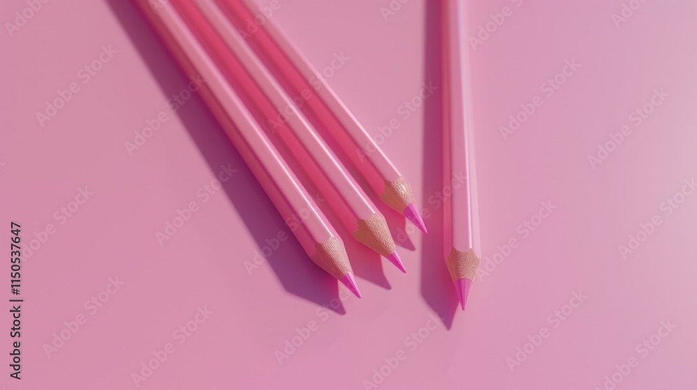 Close-up of several pink colored pencils on a pink surface. Close-up of several pink colored pencils on a pink surface.