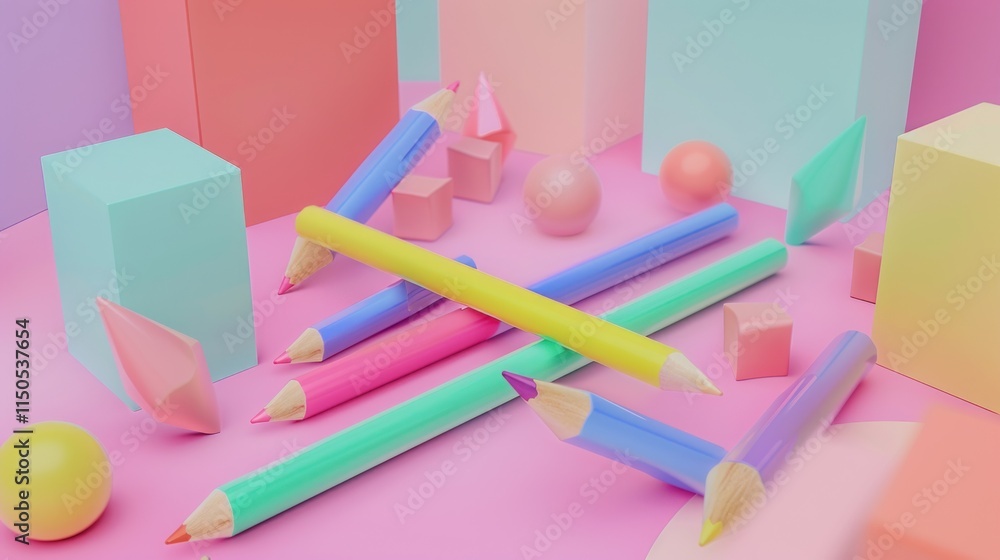 Pastel Colored Pencils and Geometric Shapes on Pink Background Pastel Colored Pencils and Geometric Shapes on Pink Background