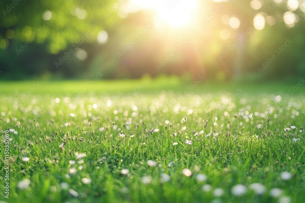 Fototapeta premium Vibrant Spring Lawn: Sunlit Garden Scene with Mowing Action and Soft Background Blur