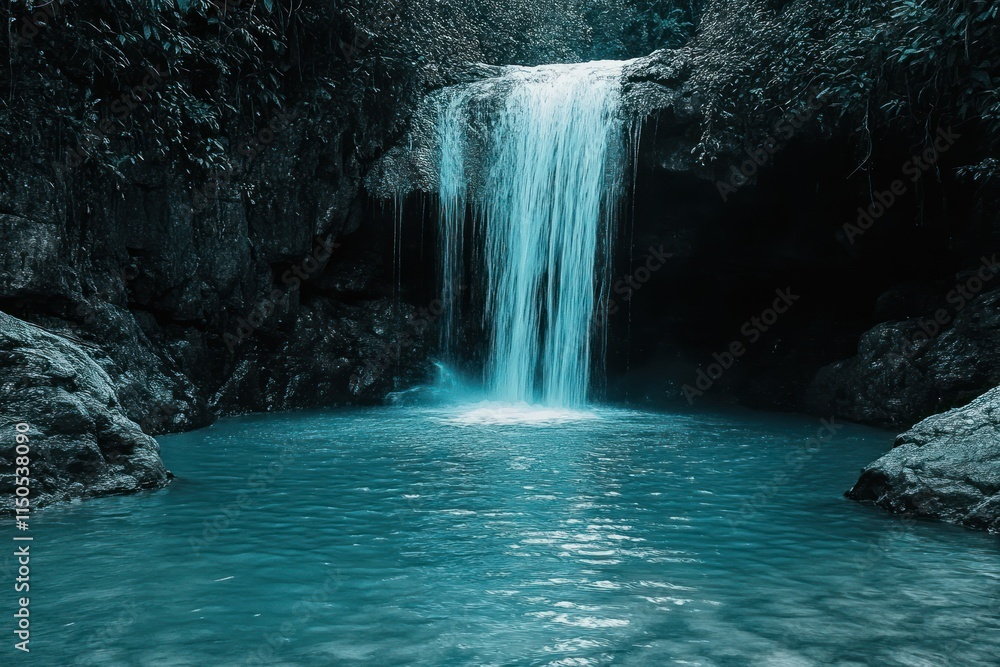 Fototapeta premium Serene Waterfall Cascades Into Teal Pool