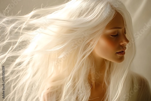 Model showing long platinum blonde hair gently waving in the wind