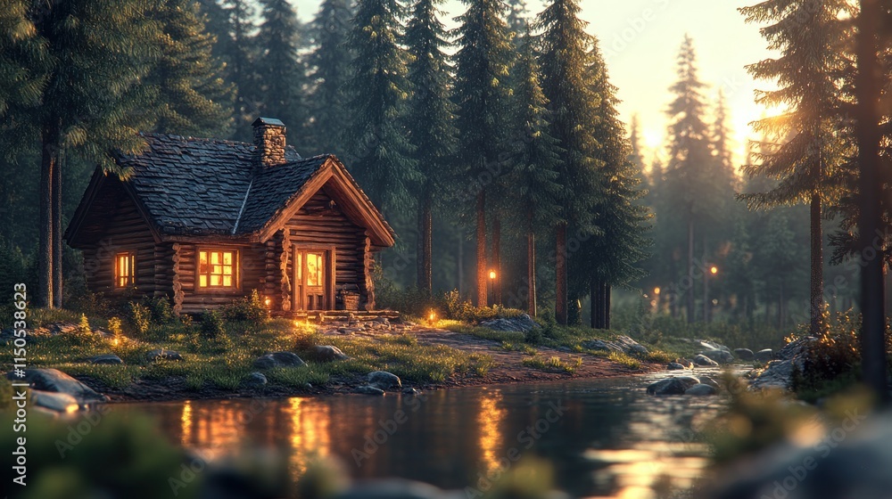 Fototapeta premium Cozy log cabin nestled beside a serene forest stream at sunrise.