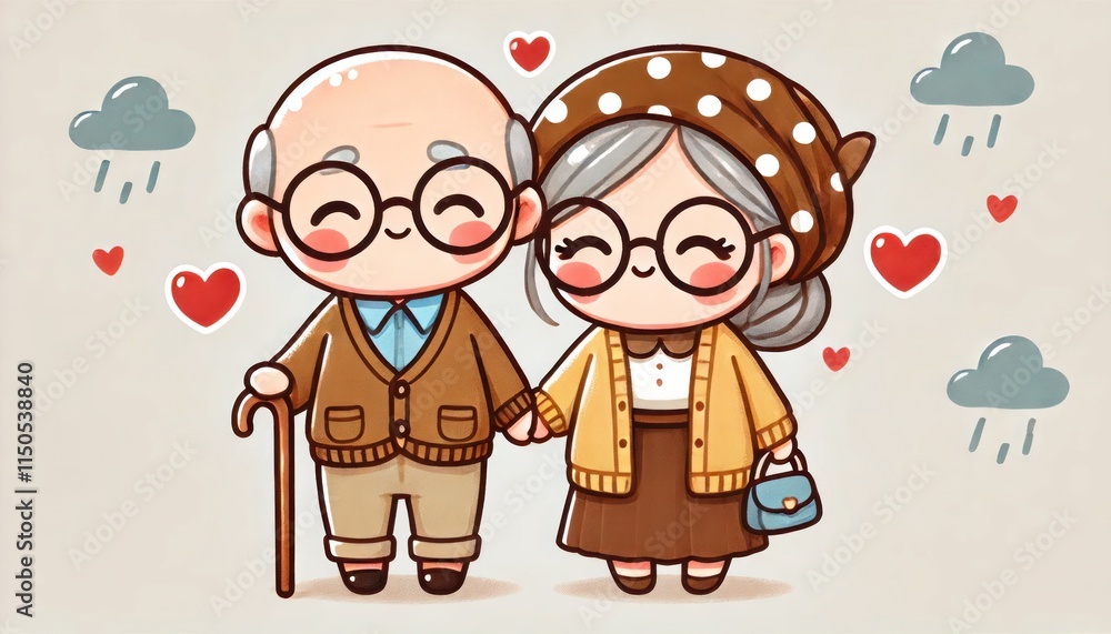 Adorable Elderly Couple Holding Hands Under Rainy Sky with Hearts Adorable Elderly Couple Holding Hands Under Rainy Sky with Hearts