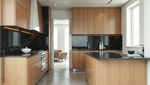 Wallpaper Mural Luxurious minimalist kitchen design with polished wooden cabinets and dark granite countertop in 3D Torontodigital.ca