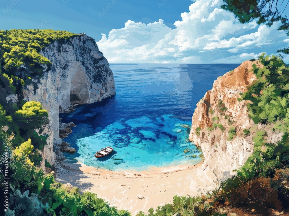 Fototapeta premium Secluded Cove Boat Peaceful Island Paradise Beach Scene