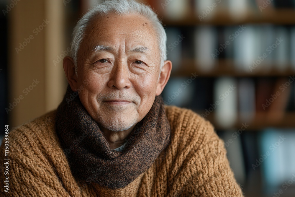 Portrait of a smiling elderly asian man in cozy sweater for senior lifestyle and wellbeing themes. Portrait of a smiling elderly asian man in cozy sweater for senior lifestyle and wellbeing themes.