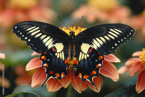 Anise swallowtail butterfly opening wings on colorful flower photo