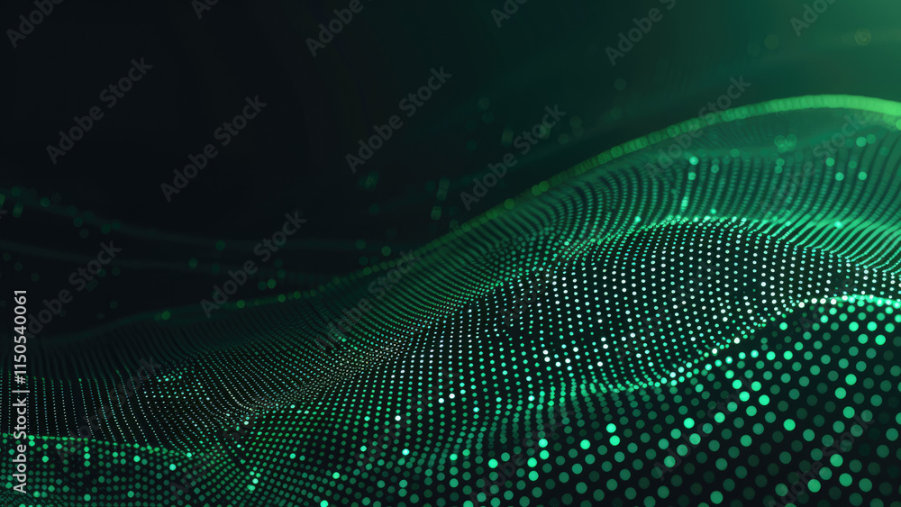 Abstract wave of green dots forming a flowing pattern on a dark background.