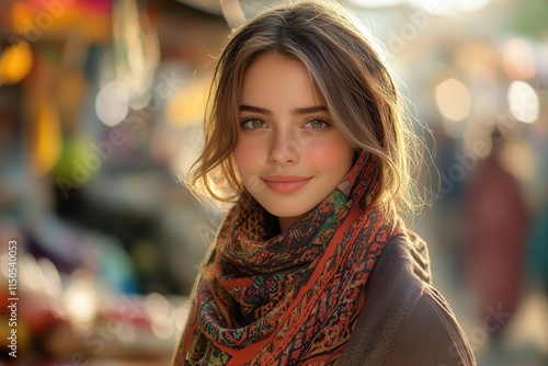 Wallpaper Mural Portrait of a young woman in vibrant market scene with colorful scarf and soft lighting. Torontodigital.ca