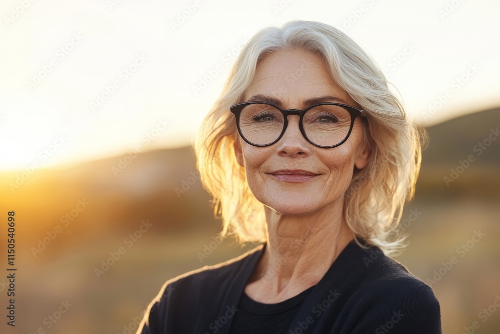 Elderly woman smiling confidently at sunset in a rural landscape with soft golden light illuminating her face Elderly woman smiling confidently at sunset in a rural landscape with soft golden light illuminating her face