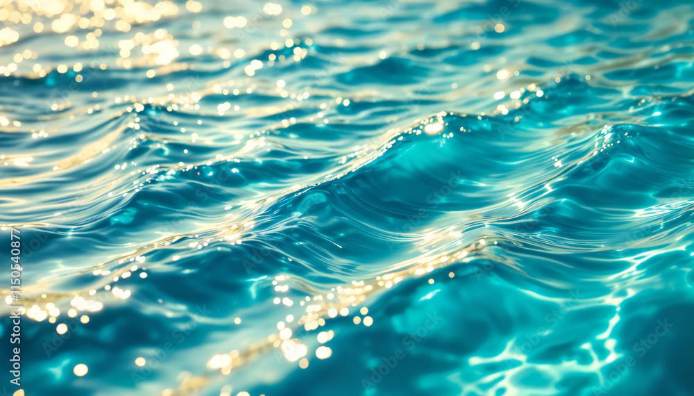 Fototapeta premium Clear turquoise water with gentle waves and sparkling reflections of light on the surface. The image captures the fluid motion and texture of the water, creating a vibrant and refreshing appearance, s