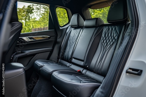 Stylish Interior of SUV, Luxury Seating. Elegant large powerful sports SUV, premium quality gray leather seats. Car rear seats. New modern car inside. Lease, rental car, sell, buy. Loan credit photo