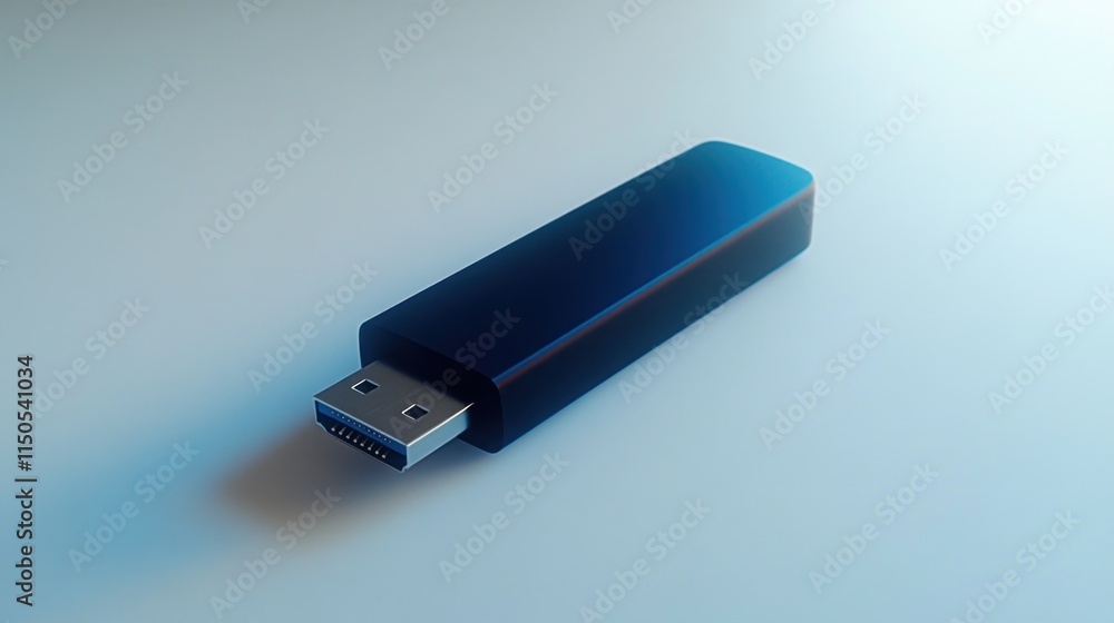 Dark blue USB-C dongle on a light blue surface. Dark blue USB-C dongle on a light blue surface.