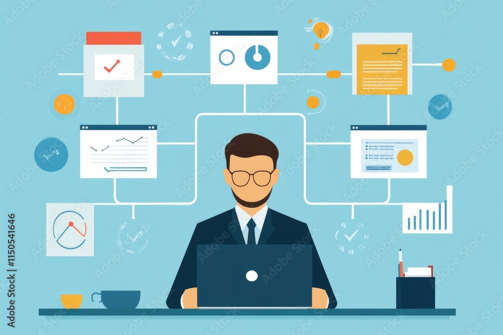 Business Process Optimization: Professional Analyzing Reports with Workflow Chart on Laptop Business Process Optimization: Professional Analyzing Reports with Workflow Chart on Laptop