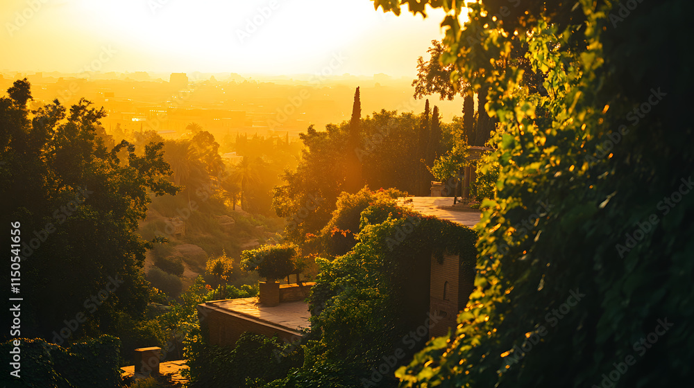 Fototapeta premium A dramatic sunset over the Hanging Gardens of Babylon with golden light streaming through lush vines and cascading terraces.