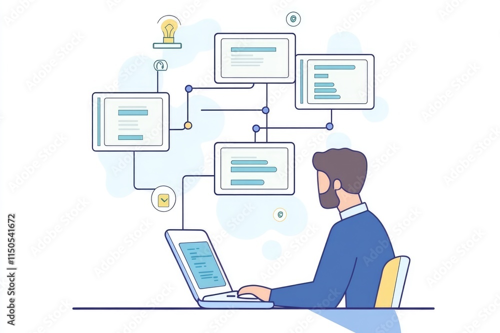 Dynamic Business Process Framework: Executive Analyzing Reports with Laptop and Workflow Diagram Dynamic Business Process Framework: Executive Analyzing Reports with Laptop and Workflow Diagram