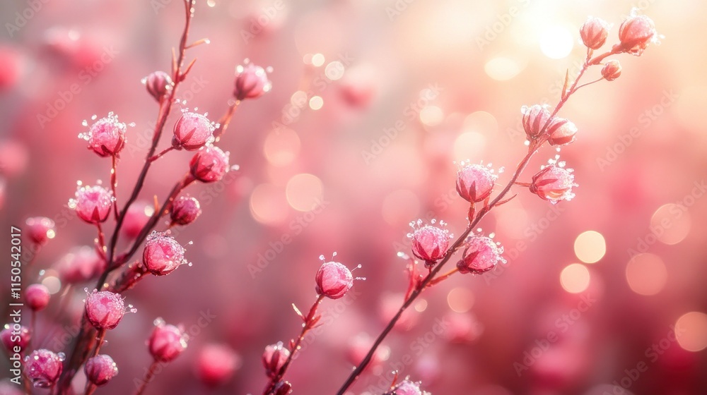 Delicate pink flowers covered in frost, bathed in morning sunlight. Delicate pink flowers covered in frost, bathed in morning sunlight.
