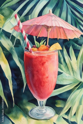 A watercolor painting of a vibrant red tropical smoothie garnished with fresh berries, a slice of orange, and mint leaves, adorned with a pink umbrella and striped straw, set against green foliage photo