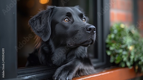 Curious black labrador retrieving gaze out the window with greenery