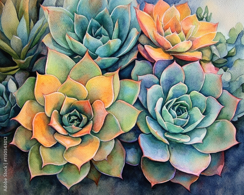 Obraz premium Whimsical Watercolor Depiction of Cacti and Succulents Surrounded by Lush Greenery