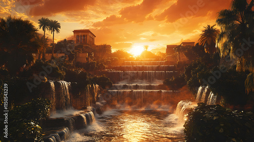 A dynamic sunset scene of the Hanging Gardens of Babylon with cascading water glowing under the fiery orange sky.