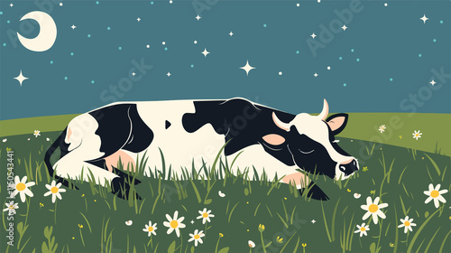 Sleeping Cow Pun Flat Vector Illustration for Pasture Bedtime Scene photo