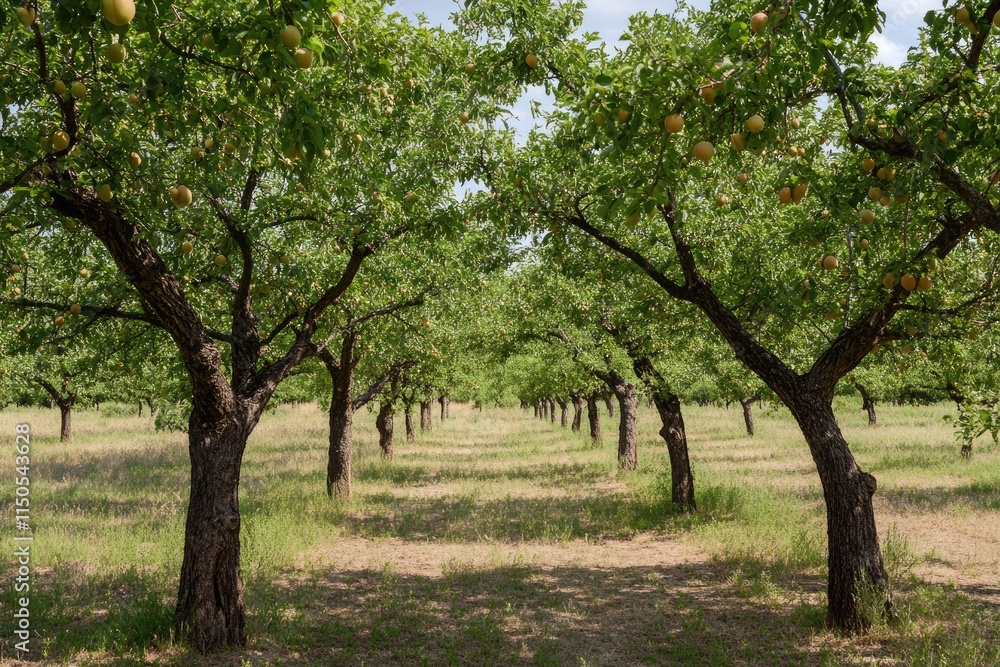 Lush Apricot Trees Bursting with Ripe Fruits in Scenic Countryside Farm Setting Lush Apricot Trees Bursting with Ripe Fruits in Scenic Countryside Farm Setting